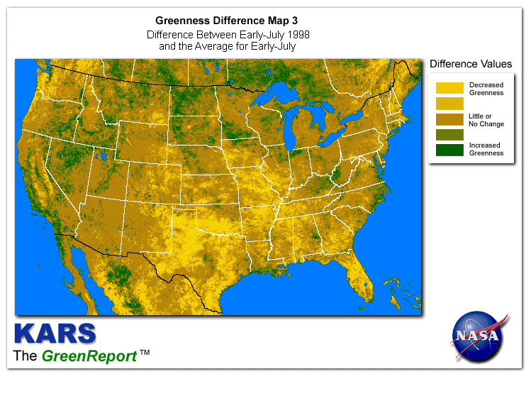 Color-coded U.S. vegetation greeness index map for Period 28 of 1998, illustrating spatial variations in plant vigor, with greener tones indicating higher biomass and browner tones indicating stressed vegetation,
              comparing current crop/vegetation change in biomass to the 20-year greenness average.