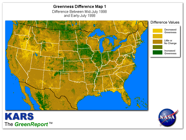 Color-coded U.S. vegetation greeness index map for Period 29 of 1998, illustrating spatial variations in plant vigor, with greener tones indicating higher biomass and browner tones indicating stressed vegetation,
              comparing current crop/vegetation change in biomass to the previous week within the same year.
