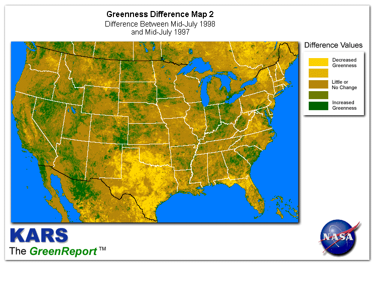 Color-coded U.S. vegetation greeness index map for Period 29 of 1998, illustrating spatial variations in plant vigor, with greener tones indicating higher biomass and browner tones indicating stressed vegetation,
              comparing current crop/vegetation change in biomass to same period from the previous year.