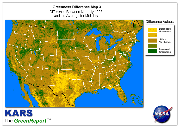 Color-coded U.S. vegetation greeness index map for Period 29 of 1998, illustrating spatial variations in plant vigor, with greener tones indicating higher biomass and browner tones indicating stressed vegetation,
              comparing current crop/vegetation change in biomass to the 20-year greenness average.