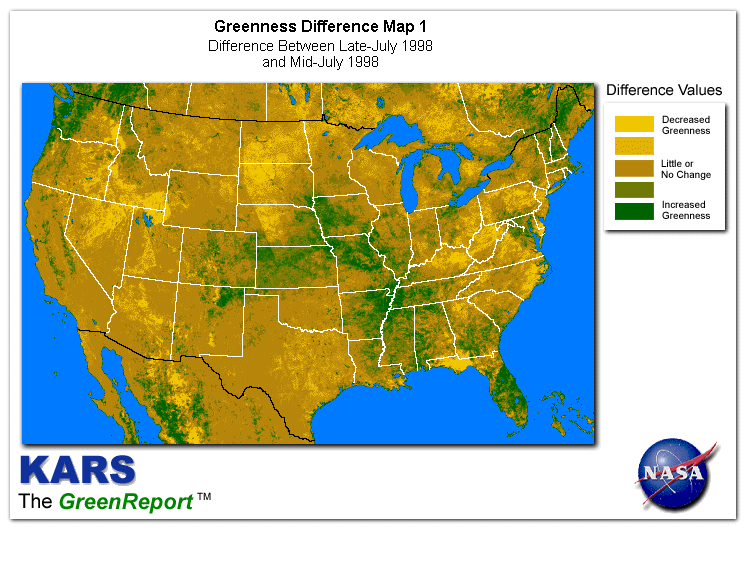 Color-coded U.S. vegetation greeness index map for Period 30 of 1998, illustrating spatial variations in plant vigor, with greener tones indicating higher biomass and browner tones indicating stressed vegetation,
              comparing current crop/vegetation change in biomass to the previous week within the same year.