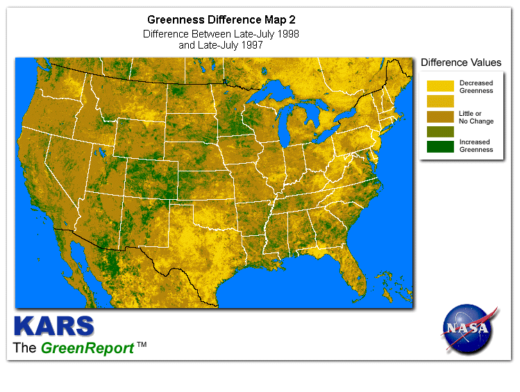 Color-coded U.S. vegetation greeness index map for Period 30 of 1998, illustrating spatial variations in plant vigor, with greener tones indicating higher biomass and browner tones indicating stressed vegetation,
              comparing current crop/vegetation change in biomass to same period from the previous year.