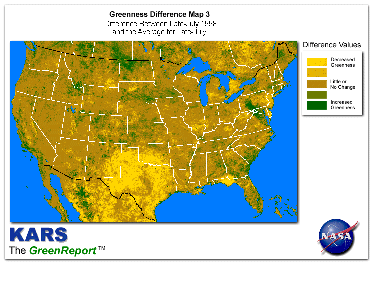 Color-coded U.S. vegetation greeness index map for Period 30 of 1998, illustrating spatial variations in plant vigor, with greener tones indicating higher biomass and browner tones indicating stressed vegetation,
              comparing current crop/vegetation change in biomass to the 20-year greenness average.