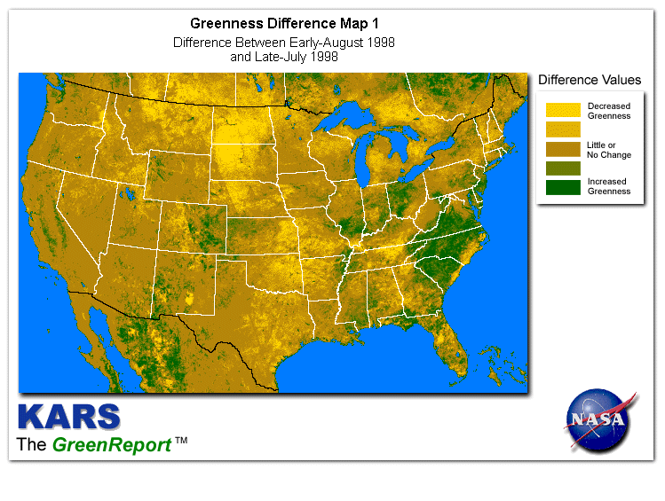 Color-coded U.S. vegetation greeness index map for Period 31 of 1998, illustrating spatial variations in plant vigor, with greener tones indicating higher biomass and browner tones indicating stressed vegetation,
              comparing current crop/vegetation change in biomass to the previous week within the same year.