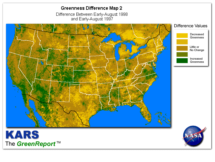 Color-coded U.S. vegetation greeness index map for Period 31 of 1998, illustrating spatial variations in plant vigor, with greener tones indicating higher biomass and browner tones indicating stressed vegetation,
              comparing current crop/vegetation change in biomass to same period from the previous year.