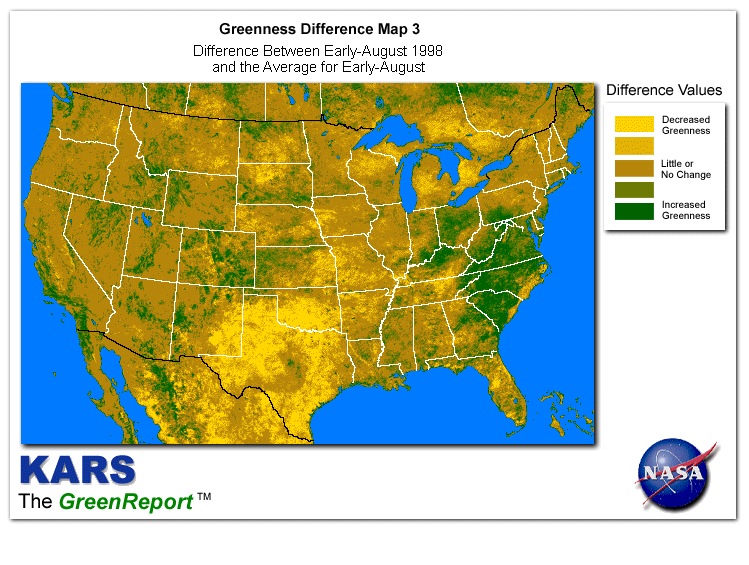 Color-coded U.S. vegetation greeness index map for Period 31 of 1998, illustrating spatial variations in plant vigor, with greener tones indicating higher biomass and browner tones indicating stressed vegetation,
              comparing current crop/vegetation change in biomass to the 20-year greenness average.