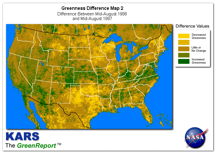Color-coded U.S. vegetation greeness index map for Period 32 of 1998, illustrating spatial variations in plant vigor, with greener tones indicating higher biomass and browner tones indicating stressed vegetation,
              comparing current crop/vegetation change in biomass to same period from the previous year.