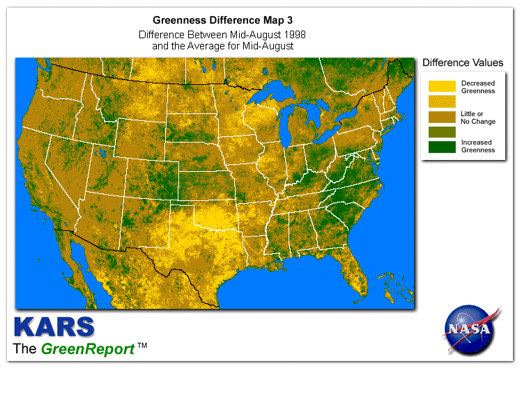 Color-coded U.S. vegetation greeness index map for Period 32 of 1998, illustrating spatial variations in plant vigor, with greener tones indicating higher biomass and browner tones indicating stressed vegetation,
              comparing current crop/vegetation change in biomass to the 20-year greenness average.