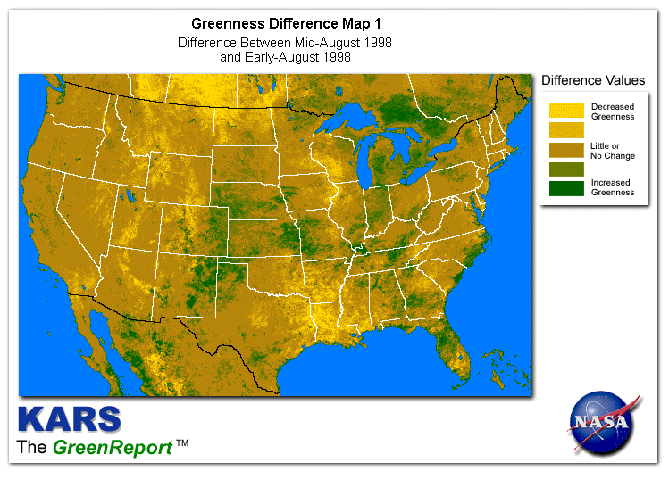 Color-coded U.S. vegetation greeness index map for Period 33 of 1998, illustrating spatial variations in plant vigor, with greener tones indicating higher biomass and browner tones indicating stressed vegetation,
              comparing current crop/vegetation change in biomass to the previous week within the same year.