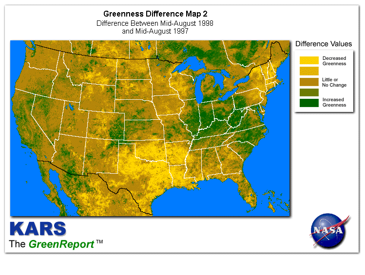 Color-coded U.S. vegetation greeness index map for Period 33 of 1998, illustrating spatial variations in plant vigor, with greener tones indicating higher biomass and browner tones indicating stressed vegetation,
              comparing current crop/vegetation change in biomass to same period from the previous year.