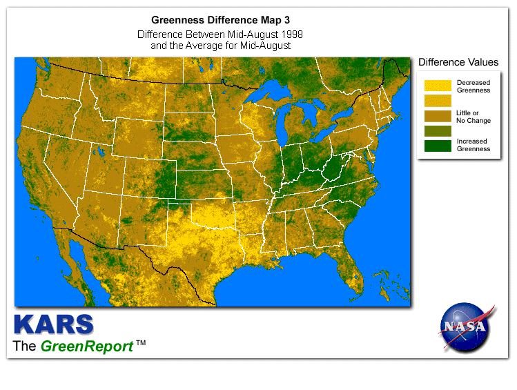 Color-coded U.S. vegetation greeness index map for Period 33 of 1998, illustrating spatial variations in plant vigor, with greener tones indicating higher biomass and browner tones indicating stressed vegetation,
              comparing current crop/vegetation change in biomass to the 20-year greenness average.