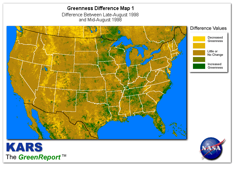 Color-coded U.S. vegetation greeness index map for Period 34 of 1998, illustrating spatial variations in plant vigor, with greener tones indicating higher biomass and browner tones indicating stressed vegetation,
              comparing current crop/vegetation change in biomass to the previous week within the same year.