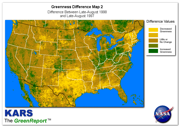 Color-coded U.S. vegetation greeness index map for Period 34 of 1998, illustrating spatial variations in plant vigor, with greener tones indicating higher biomass and browner tones indicating stressed vegetation,
              comparing current crop/vegetation change in biomass to same period from the previous year.
