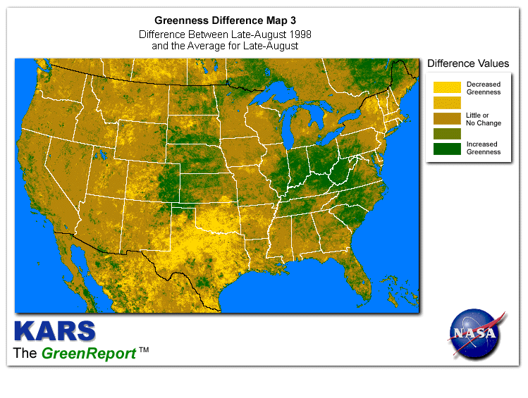 Color-coded U.S. vegetation greeness index map for Period 34 of 1998, illustrating spatial variations in plant vigor, with greener tones indicating higher biomass and browner tones indicating stressed vegetation,
              comparing current crop/vegetation change in biomass to the 20-year greenness average.