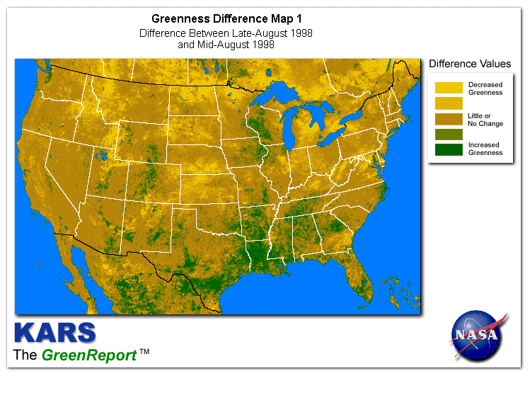 Color-coded U.S. vegetation greeness index map for Period 35 of 1998, illustrating spatial variations in plant vigor, with greener tones indicating higher biomass and browner tones indicating stressed vegetation,
              comparing current crop/vegetation change in biomass to the previous week within the same year.