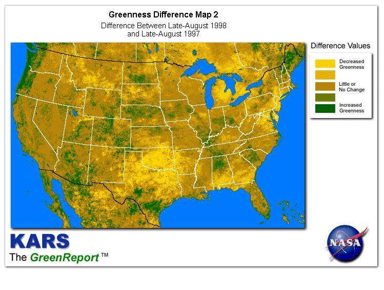 Color-coded U.S. vegetation greeness index map for Period 35 of 1998, illustrating spatial variations in plant vigor, with greener tones indicating higher biomass and browner tones indicating stressed vegetation,
              comparing current crop/vegetation change in biomass to same period from the previous year.