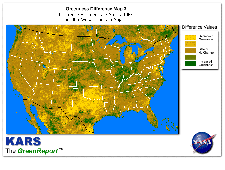 Color-coded U.S. vegetation greeness index map for Period 35 of 1998, illustrating spatial variations in plant vigor, with greener tones indicating higher biomass and browner tones indicating stressed vegetation,
              comparing current crop/vegetation change in biomass to the 20-year greenness average.