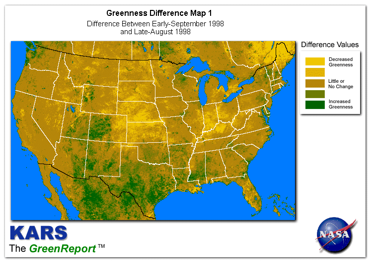 Color-coded U.S. vegetation greeness index map for Period 36 of 1998, illustrating spatial variations in plant vigor, with greener tones indicating higher biomass and browner tones indicating stressed vegetation,
              comparing current crop/vegetation change in biomass to the previous week within the same year.