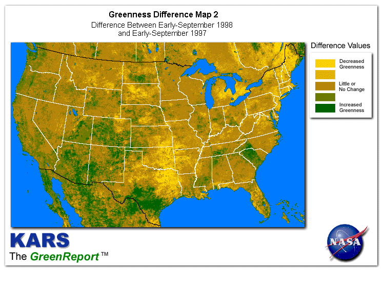 Color-coded U.S. vegetation greeness index map for Period 36 of 1998, illustrating spatial variations in plant vigor, with greener tones indicating higher biomass and browner tones indicating stressed vegetation,
              comparing current crop/vegetation change in biomass to same period from the previous year.