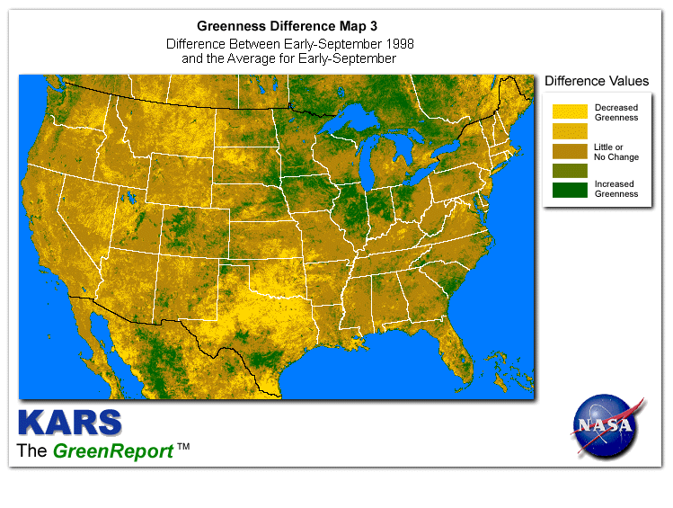 Color-coded U.S. vegetation greeness index map for Period 36 of 1998, illustrating spatial variations in plant vigor, with greener tones indicating higher biomass and browner tones indicating stressed vegetation,
              comparing current crop/vegetation change in biomass to the 20-year greenness average.