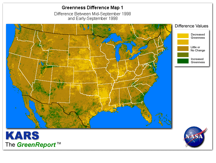 Color-coded U.S. vegetation greeness index map for Period 37 of 1998, illustrating spatial variations in plant vigor, with greener tones indicating higher biomass and browner tones indicating stressed vegetation,
              comparing current crop/vegetation change in biomass to the previous week within the same year.