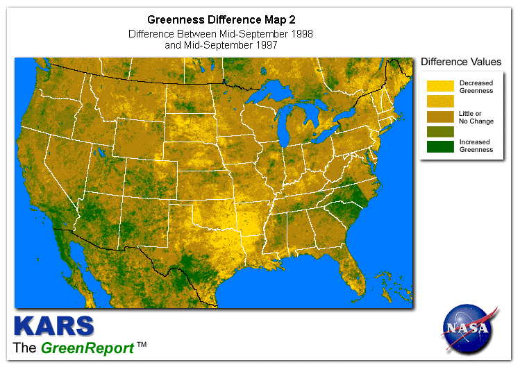 Color-coded U.S. vegetation greeness index map for Period 37 of 1998, illustrating spatial variations in plant vigor, with greener tones indicating higher biomass and browner tones indicating stressed vegetation,
              comparing current crop/vegetation change in biomass to same period from the previous year.