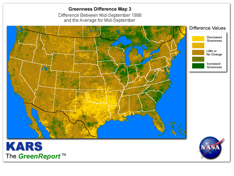 Color-coded U.S. vegetation greeness index map for Period 37 of 1998, illustrating spatial variations in plant vigor, with greener tones indicating higher biomass and browner tones indicating stressed vegetation,
              comparing current crop/vegetation change in biomass to the 20-year greenness average.