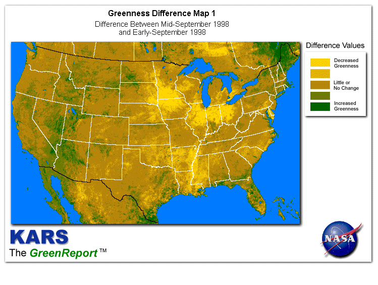 Color-coded U.S. vegetation greeness index map for Period 38 of 1998, illustrating spatial variations in plant vigor, with greener tones indicating higher biomass and browner tones indicating stressed vegetation,
              comparing current crop/vegetation change in biomass to the previous week within the same year.