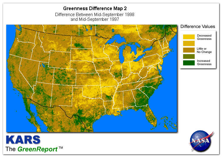 Color-coded U.S. vegetation greeness index map for Period 38 of 1998, illustrating spatial variations in plant vigor, with greener tones indicating higher biomass and browner tones indicating stressed vegetation,
              comparing current crop/vegetation change in biomass to same period from the previous year.
