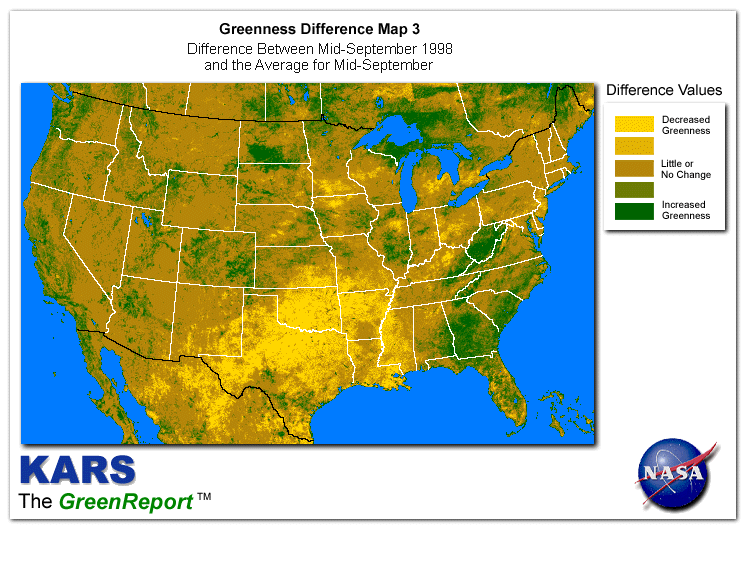 Color-coded U.S. vegetation greeness index map for Period 38 of 1998, illustrating spatial variations in plant vigor, with greener tones indicating higher biomass and browner tones indicating stressed vegetation,
              comparing current crop/vegetation change in biomass to the 20-year greenness average.