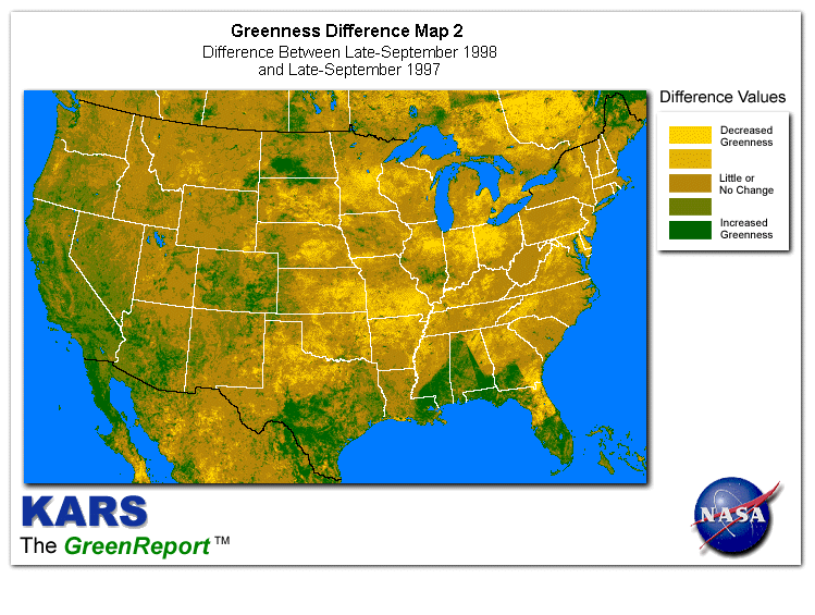 Color-coded U.S. vegetation greeness index map for Period 39 of 1998, illustrating spatial variations in plant vigor, with greener tones indicating higher biomass and browner tones indicating stressed vegetation,
              comparing current crop/vegetation change in biomass to same period from the previous year.