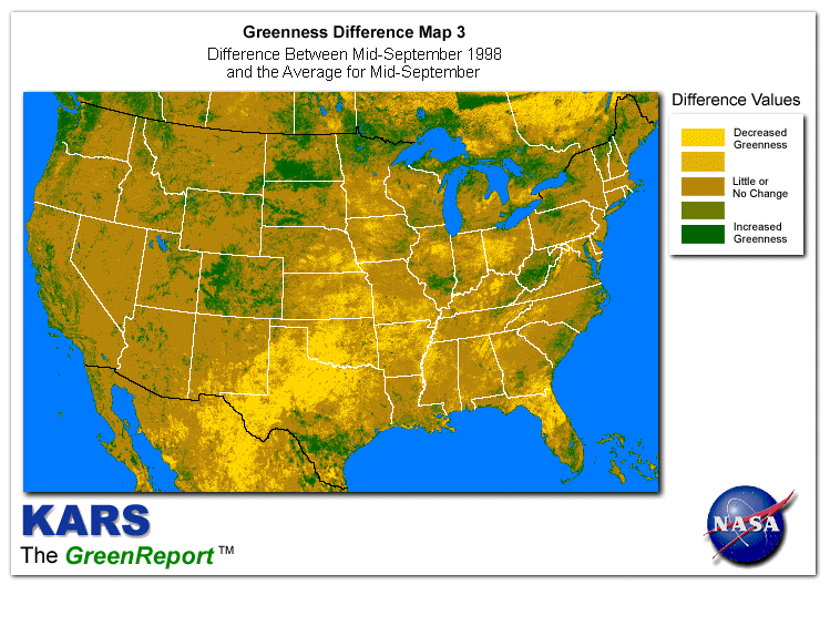 Color-coded U.S. vegetation greeness index map for Period 39 of 1998, illustrating spatial variations in plant vigor, with greener tones indicating higher biomass and browner tones indicating stressed vegetation,
              comparing current crop/vegetation change in biomass to the 20-year greenness average.