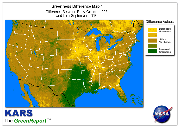 Color-coded U.S. vegetation greeness index map for Period 40 of 1998, illustrating spatial variations in plant vigor, with greener tones indicating higher biomass and browner tones indicating stressed vegetation,
              comparing current crop/vegetation change in biomass to the previous week within the same year.