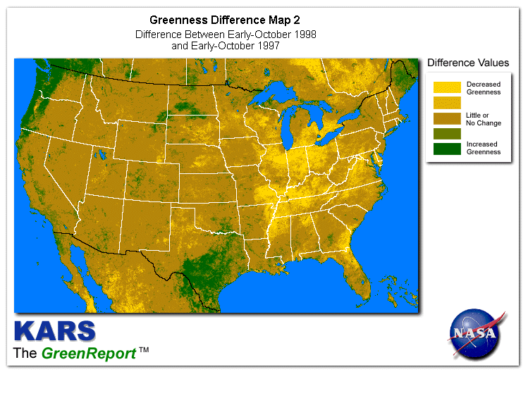 Color-coded U.S. vegetation greeness index map for Period 40 of 1998, illustrating spatial variations in plant vigor, with greener tones indicating higher biomass and browner tones indicating stressed vegetation,
              comparing current crop/vegetation change in biomass to same period from the previous year.