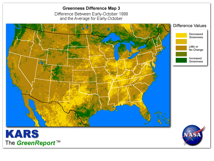 Color-coded U.S. vegetation greeness index map for Period 40 of 1998, illustrating spatial variations in plant vigor, with greener tones indicating higher biomass and browner tones indicating stressed vegetation,
              comparing current crop/vegetation change in biomass to the 20-year greenness average.