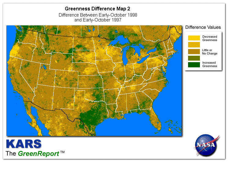 Color-coded U.S. vegetation greeness index map for Period 41 of 1998, illustrating spatial variations in plant vigor, with greener tones indicating higher biomass and browner tones indicating stressed vegetation,
              comparing current crop/vegetation change in biomass to same period from the previous year.