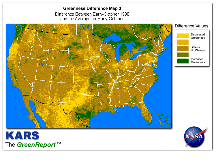 Color-coded U.S. vegetation greeness index map for Period 41 of 1998, illustrating spatial variations in plant vigor, with greener tones indicating higher biomass and browner tones indicating stressed vegetation,
              comparing current crop/vegetation change in biomass to the 20-year greenness average.
