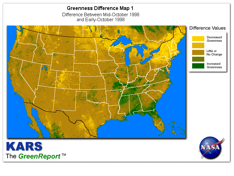 Color-coded U.S. vegetation greeness index map for Period 42 of 1998, illustrating spatial variations in plant vigor, with greener tones indicating higher biomass and browner tones indicating stressed vegetation,
              comparing current crop/vegetation change in biomass to the previous week within the same year.