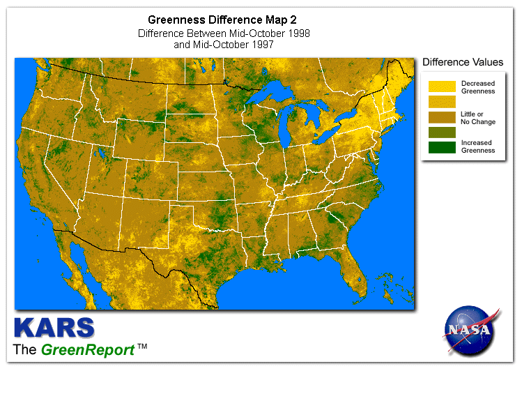 Color-coded U.S. vegetation greeness index map for Period 42 of 1998, illustrating spatial variations in plant vigor, with greener tones indicating higher biomass and browner tones indicating stressed vegetation,
              comparing current crop/vegetation change in biomass to same period from the previous year.