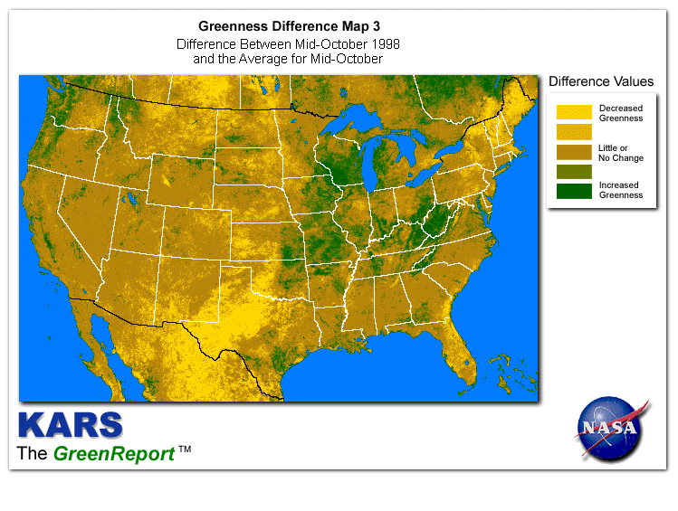 Color-coded U.S. vegetation greeness index map for Period 42 of 1998, illustrating spatial variations in plant vigor, with greener tones indicating higher biomass and browner tones indicating stressed vegetation,
              comparing current crop/vegetation change in biomass to the 20-year greenness average.