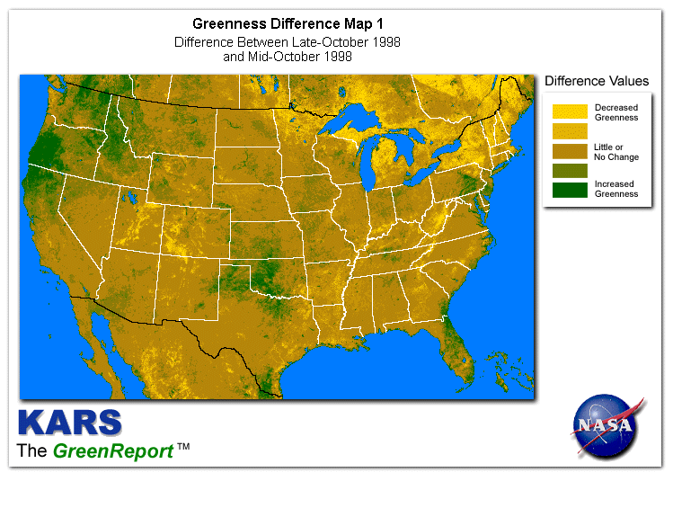 Color-coded U.S. vegetation greeness index map for Period 43 of 1998, illustrating spatial variations in plant vigor, with greener tones indicating higher biomass and browner tones indicating stressed vegetation,
              comparing current crop/vegetation change in biomass to the previous week within the same year.