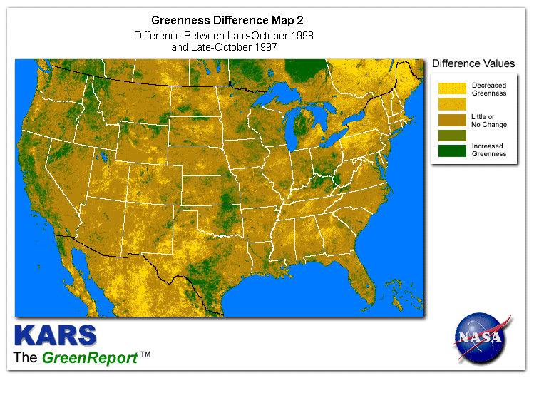 Color-coded U.S. vegetation greeness index map for Period 43 of 1998, illustrating spatial variations in plant vigor, with greener tones indicating higher biomass and browner tones indicating stressed vegetation,
              comparing current crop/vegetation change in biomass to same period from the previous year.