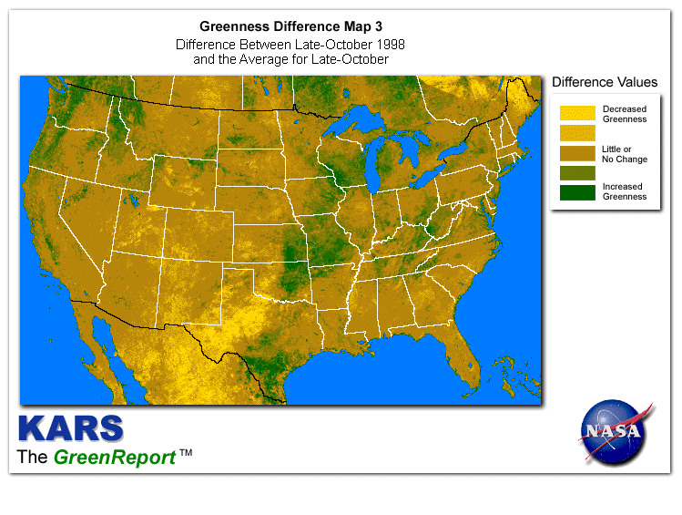 Color-coded U.S. vegetation greeness index map for Period 43 of 1998, illustrating spatial variations in plant vigor, with greener tones indicating higher biomass and browner tones indicating stressed vegetation,
              comparing current crop/vegetation change in biomass to the 20-year greenness average.