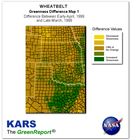 Color-coded Wheat Belt vegetation greeness index map for Period 14 of 1999, illustrating spatial variations in plant vigor, with greener tones indicating higher biomass and browner tones indicating stressed vegetation,
              comparing current crop/vegetation change in biomass to the previous week within the same year.