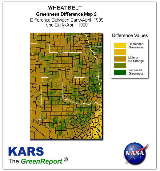 Color-coded Wheat Belt vegetation greeness index map for Period 14 of 1999, illustrating spatial variations in plant vigor, with greener tones indicating higher biomass and browner tones indicating stressed vegetation,
              comparing current crop/vegetation change in biomass to same period from the previous year.
