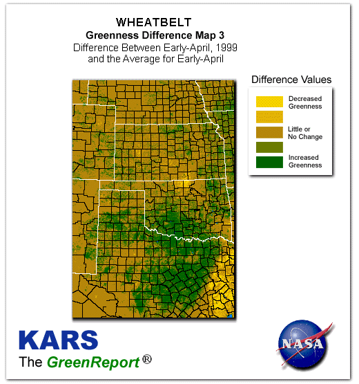 Color-coded Wheat Belt vegetation greeness index map for Period 14 of 1999, illustrating spatial variations in plant vigor, with greener tones indicating higher biomass and browner tones indicating stressed vegetation,
              comparing current crop/vegetation change in biomass to the 20-year greenness average.