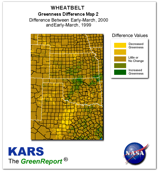 Color-coded Wheat Belt vegetation greeness index map for Period 11 of 2000, illustrating spatial variations in plant vigor, with greener tones indicating higher biomass and browner tones indicating stressed vegetation,
              comparing current crop/vegetation change in biomass to same period from the previous year.