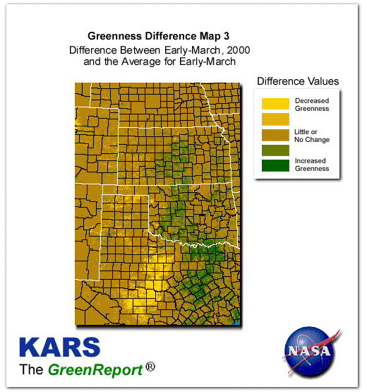 Color-coded Wheat Belt vegetation greeness index map for Period 11 of 2000, illustrating spatial variations in plant vigor, with greener tones indicating higher biomass and browner tones indicating stressed vegetation,
              comparing current crop/vegetation change in biomass to the 20-year greenness average.