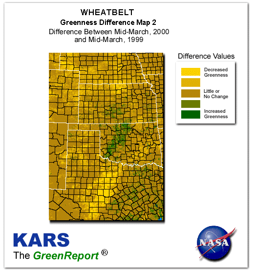 Color-coded Wheat Belt vegetation greeness index map for Period 12 of 2000, illustrating spatial variations in plant vigor, with greener tones indicating higher biomass and browner tones indicating stressed vegetation,
              comparing current crop/vegetation change in biomass to same period from the previous year.