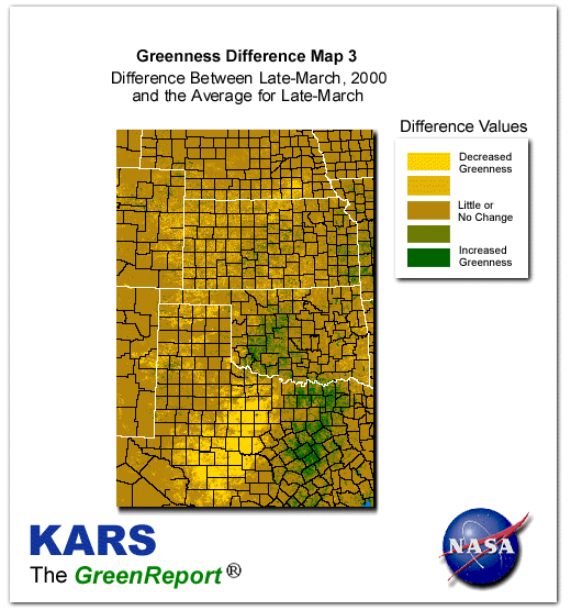Color-coded Wheat Belt vegetation greeness index map for Period 13 of 2000, illustrating spatial variations in plant vigor, with greener tones indicating higher biomass and browner tones indicating stressed vegetation,
              comparing current crop/vegetation change in biomass to the 20-year greenness average.